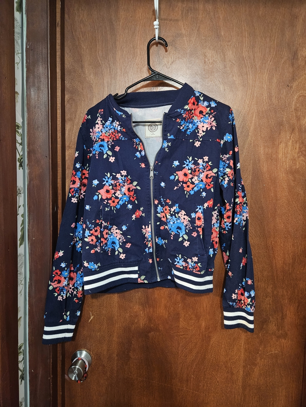 SO Navy Floral Zip-Up Bomber Jacket